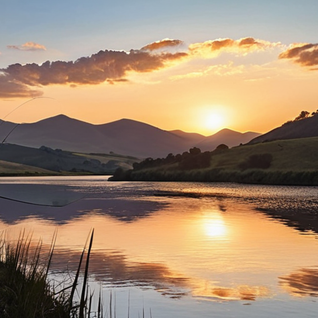 **A tranquil, realistic oil painting depicting a lone angler in silhouette by a calm river at sunset. Soft, warm light reflects on the undisturbed water surface, creating a peaceful, meditative atmosphere. Distant gentle hills and a clear, fading sky, emphasizing serenity and natural beauty.**
