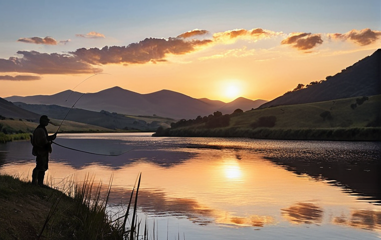 **A tranquil, realistic oil painting depicting a lone angler in silhouette by a calm river at sunset. Soft, warm light reflects on the undisturbed water surface, creating a peaceful, meditative atmosphere. Distant gentle hills and a clear, fading sky, emphasizing serenity and natural beauty.**