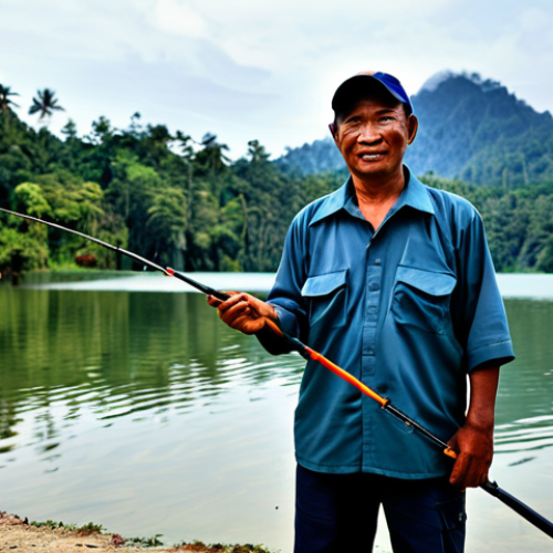 Tasik Kenyir Angler**

"A fully clothed angler in appropriate attire, standing on the shore of Tasik Kenyir, Terengganu, Malaysia. The vast lake is in the background with lush rainforest surrounding it. He is holding a fishing rod, appearing focused and patient. Safe for work, professional photography, perfect anatomy, natural pose, correct proportions, well-formed hands, proper finger count, modest clothing, appropriate content."

**