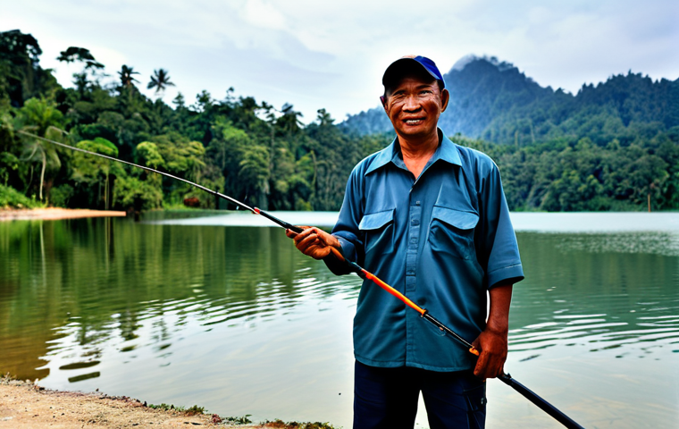Tasik Kenyir Angler**

"A fully clothed angler in appropriate attire, standing on the shore of Tasik Kenyir, Terengganu, Malaysia. The vast lake is in the background with lush rainforest surrounding it. He is holding a fishing rod, appearing focused and patient. Safe for work, professional photography, perfect anatomy, natural pose, correct proportions, well-formed hands, proper finger count, modest clothing, appropriate content."

**